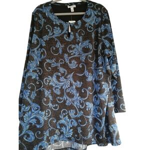 NWT Susan Graver Women's 3X Blue Baroque Metallic Long Sleeve Tunic stretchy Top